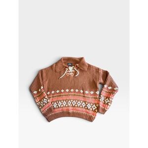 Cider Brown Fair Isle Lace Up Collar Sweater NWT Small